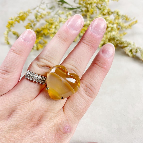 Gold Agate Heart Statement Wire Ring (EPJ-RA10-AG-13)