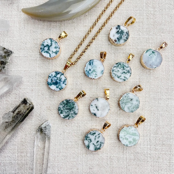 Gold Tree Agate Coin Pendant Necklace (EPJ-NAAE40)