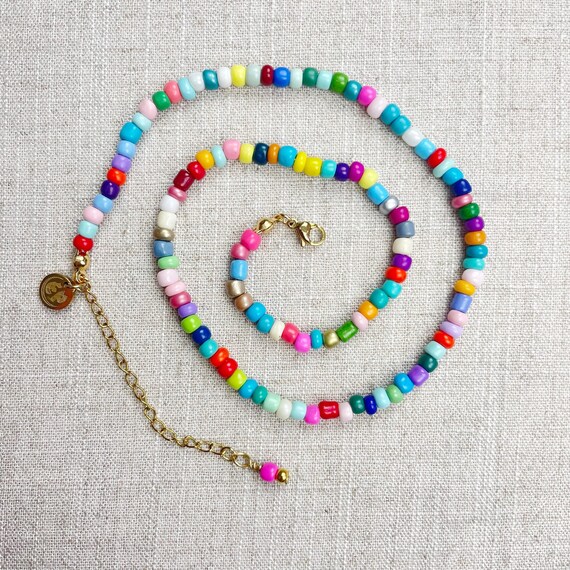 Mixie/// Bubblegum Mixed Czech Glass Beaded Necklace, Gold Colorful Choker Necklace, Layering Statement Necklace (DEJ-21BAA20-BG)