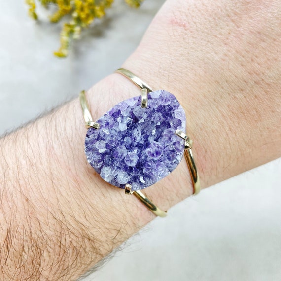 Gold Amethyst Druzy Arc Cuff Bracelet (EPJ-BCCA17-13)