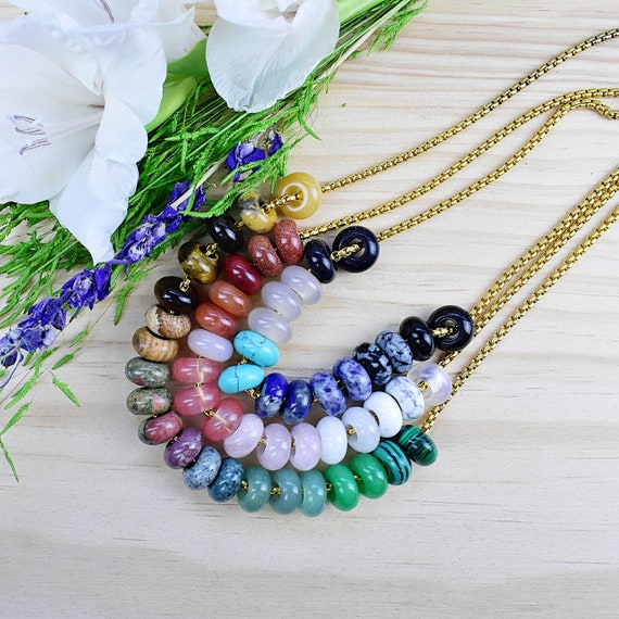 Gemstone Bead Necklace, Gold Gemstone Statement Layering Necklace, Pendant Delicate Necklace (EPJ-NL20AAA10)