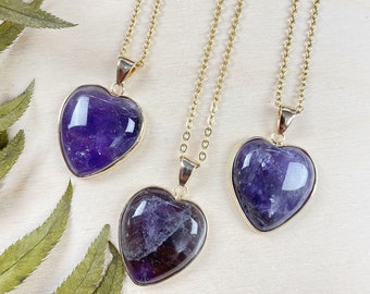 Large Gold Amethyst Heart Necklace, Gold Gemstone Necklace, Layering Statement Necklace (EPJ-N24A56)