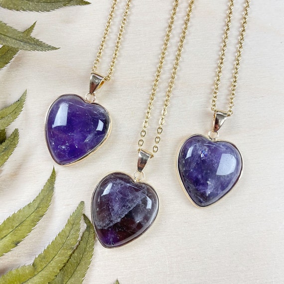 Large Gold Amethyst Heart Necklace, Gold Gemstone Necklace, Layering Statement Necklace (EPJ-N24A56)