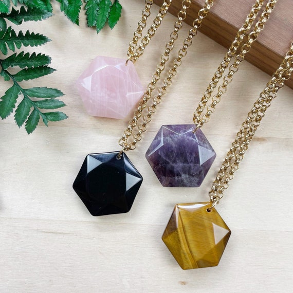 Gold Gemstone Hexagon Necklace, Gold Layering Pendant Necklace, Natural Stone Layering Necklace (EPJ-NAWA15)