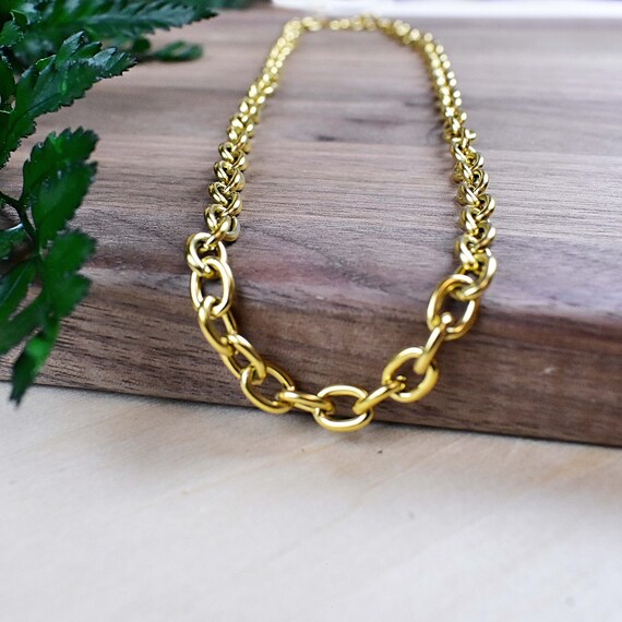 Gold Stainless Steel Thick Cable Chain Choker Necklace, Gold Chain Choker, Statement Necklace (EPJ-N208CAA19)