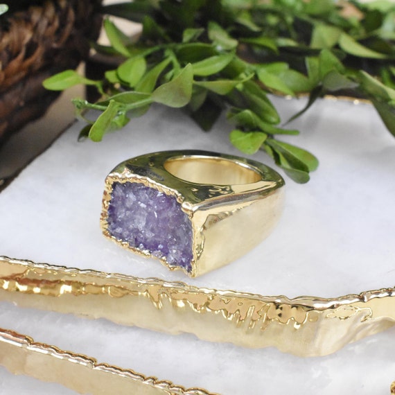 Gold Purple Druzy Carved Ring, Gemstone Druzy Ring, Statement Gem Ring, Natural Stone Large Ring, Size 8.5 (EPJ-RCBA10-38)