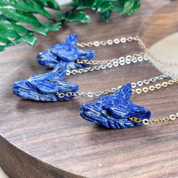 Mini Lapis Lazuli Carved Wolf Necklace, Gold Gemstone Layering Necklace, Statement Pendant Necklace (EPJ-WAAA11)