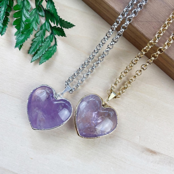 Large Amethyst Heart Necklace, Gold Gemstone Stone Charm Necklace, Layering Simple Necklace (EPJ-NAWA18)