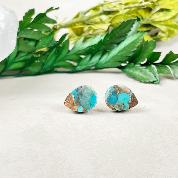 Gold Teardrop Matrix Turquoise Stud Earrings (EPJ-ESBA10-TD)