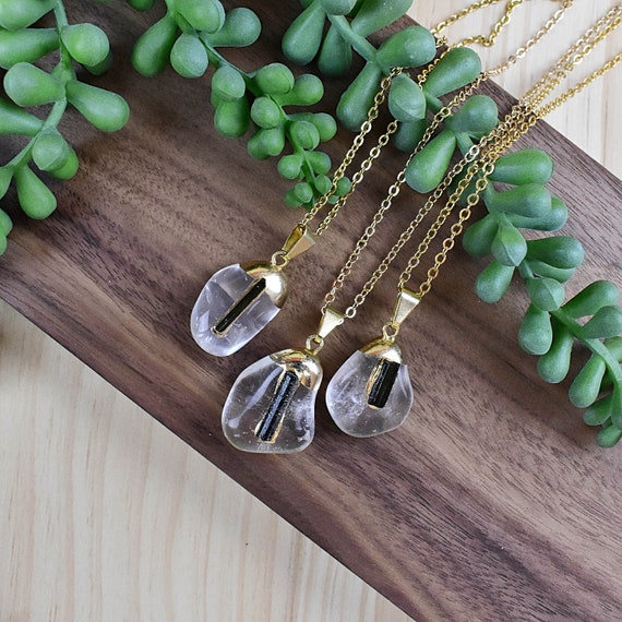 Clear Quartz Tourmaline Nugget Necklace, Gold Gemstone Necklace, Layering Statement Necklace (EPJ-NQ19ADA10)