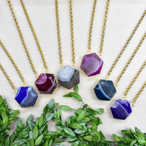 Astris/// Gold Agate Hexagon Necklace, Gold Gemstone Crystal Necklace, Layering Statement Necklace (EPJ-NOD12)