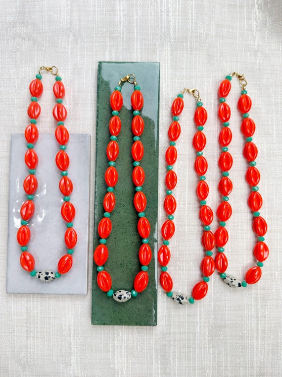 Bright Crush// Dalmatian Jasper Orange Teal Vintage Glass Beaded Necklace (EPJ-NSE29)
