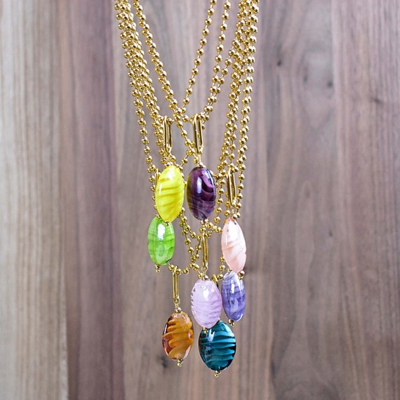 Gold Colorful Oval Glass Drop Necklace, Gold Glass Oval Bead Necklace, Statement Layering Charm Necklace (EPJ-N20A11)