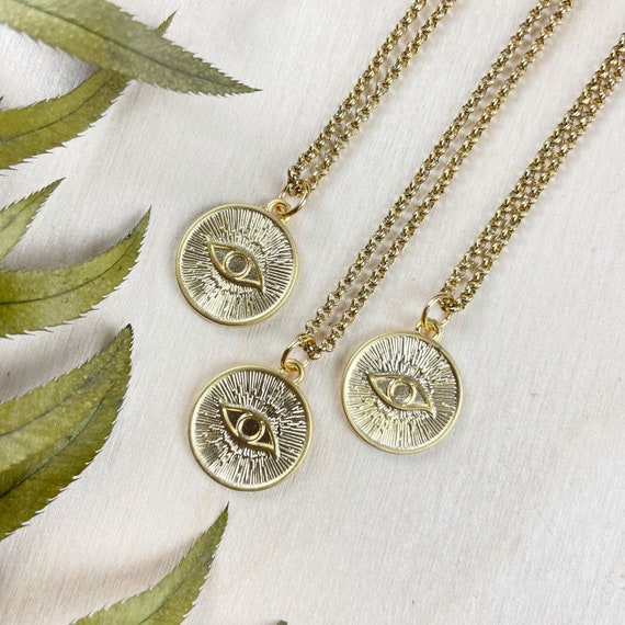 EYE RISE/// Eye Charm Necklace, Gold Coin Necklace, Simple Layering Necklace (EPJ-N19CCB12)