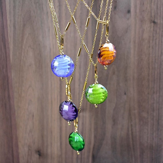 Gold Colorful Round Glass Drop Necklace, Gold Glass Oval Bead Necklace, Statement Layering Charm Necklace (EPJ-N20A13)