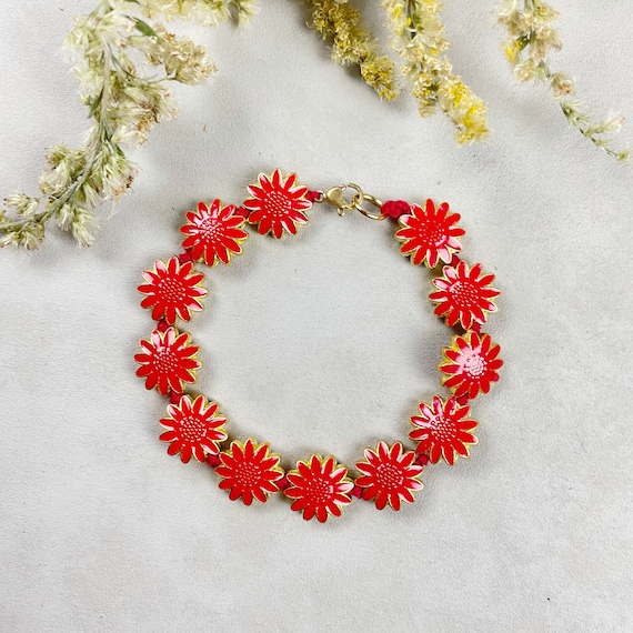 Red Gold Mum Flower Handknotted Bracelet (EPJ-MMBB22-RD)
