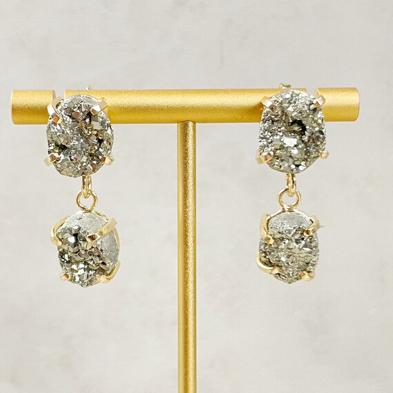 Gold Double Drop Pyrite Stud Earrings (EPJ-EA12-3)