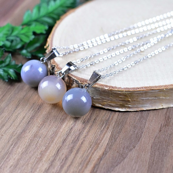 Grey Agate 14mm Orb Necklace, Silver Gemstone Necklace, Layering Statement Necklace (EPJ-NW20AAB26)