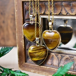 Tiger Eye Heart Necklace: Gold Plated Gemstone Pendant