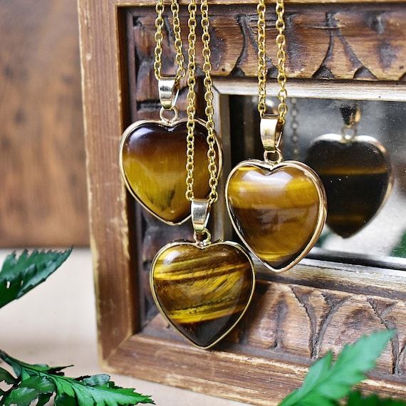 Large Tiger Eye Heart Necklace, Gold Gemstone Necklace, Layering Statement Necklace (EPJ-NW20BAA11)