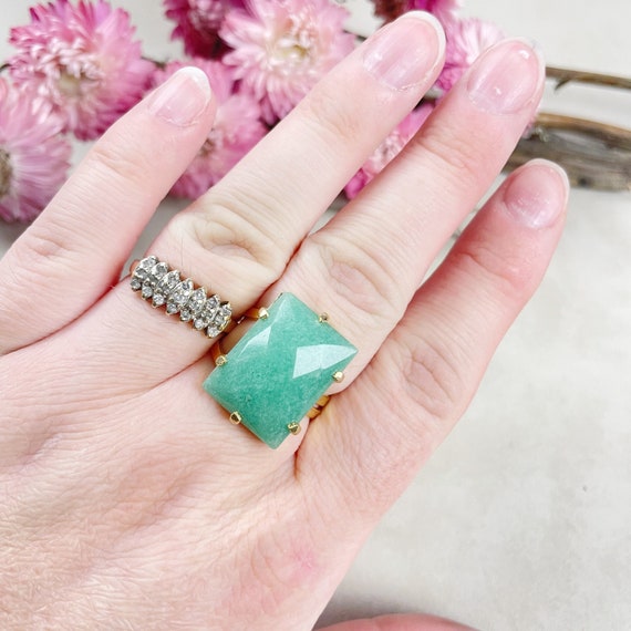 Gold Faceted Green Aventurine Rectangle Gemstone Adjustable Ring (EPJ-RTD12-11)