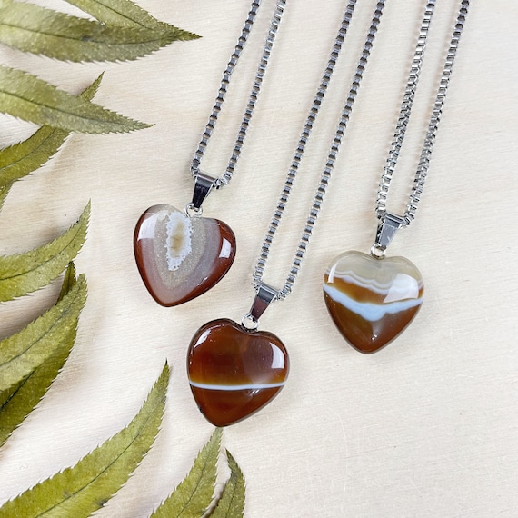 20mm Brown Agate Heart Necklace, Silver Gemstone Necklace, Layering Statement Necklace (EPJ-N24A55)