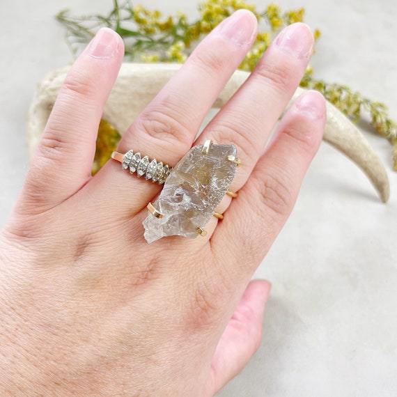 Gold Lemurian Smoky Quartz Statement Wire Ring (EPJ-RSD12-5)