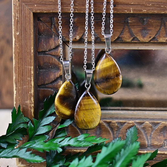 Tiger Eye 16x24mm Teardrop Necklace, Silver Gemstone Necklace, Layering Statement Necklace (EPJ-NW20AAA28)