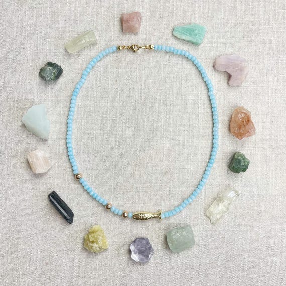 Bubblie/// Blue Gold Fish Charm Glass Beaded Layering Necklace (EPJ-NSB49-BL)