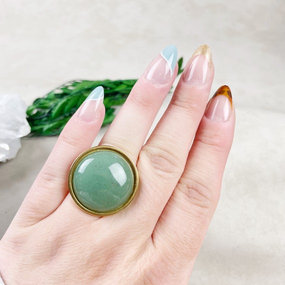 Gold Green Aventurine Cabochon Stainless Steel Adjustable Ring (EPJ-RAB18-GA)