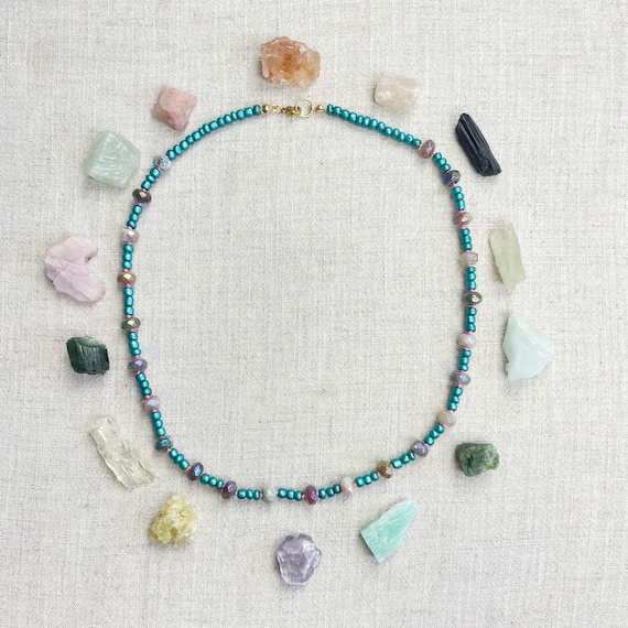 Lyric/// Teal Shimmering Agate Beaded Layering Necklace (EPJ-NSB52-TL)