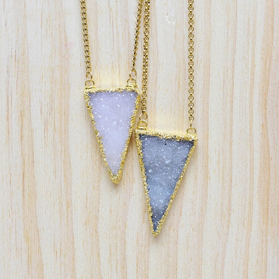 Large Triangle Druzy Necklace, Gold Gemstone Layering Pendant Necklace (EPJ-N19SAD11)