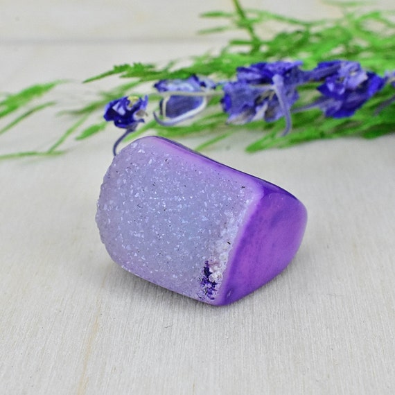 Purple Druzy Carved Ring, Gemstone Agate Ring, Statement Gem Ring, Natural Stone Chunky Large Ring, Size 5.5 (EPJ-RC20CAA11-15)