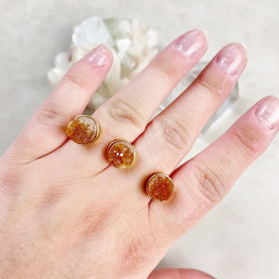 Gold Golden Amethyst Citrine Druzy Double Finger Statement Ring (EPJ-RODA12)