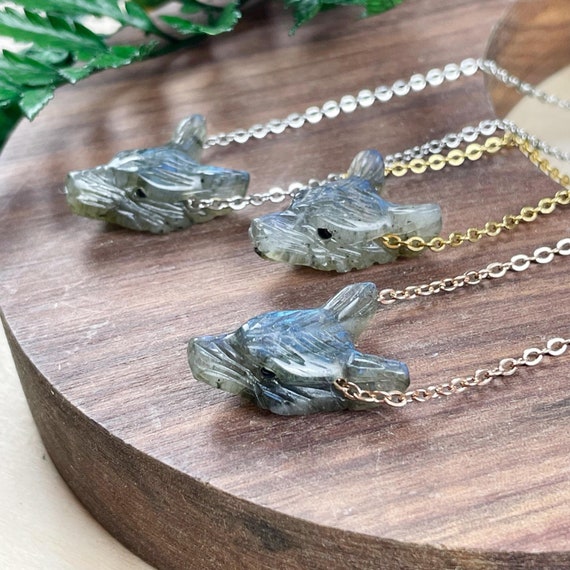 Mini Labradorite Carved Wolf Necklace, Gold Gemstone Layering Necklace, Statement Pendant Necklace (EPJ-WAAA23)