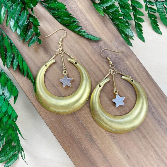 Gold Druzy Star Brass Crescent Huggie Earrings (EPJ-EEAA22)