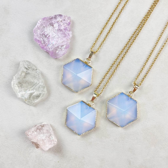 Opalite Hexagon Pyramid Pendant Necklace (EPJ-OAA15)