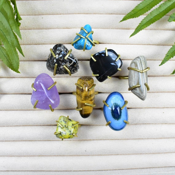 Tumbled Gemstone Adjustable Brass Ring, Gemstone Adjustable Ring, Gemstone Statement Ring (EPJ-RGAA12)