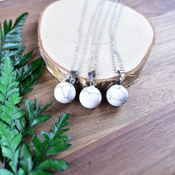 White Howlite 14mm Orb Necklace, Silver Gemstone Necklace, Layering Statement Necklace (EPJ-NW20AAB18)