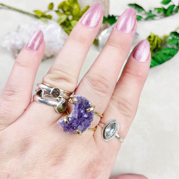 Crescent Moon Amethyst Druzy Statement Wire Ring (EPJ-RSD12-4)