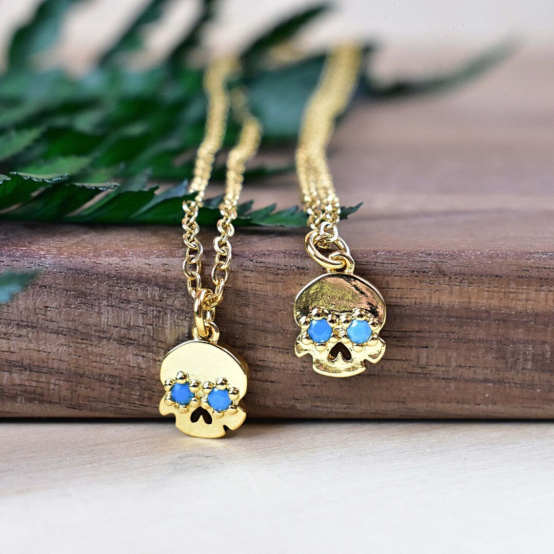 Gold Skull Necklace With Blue CZ Crystal Eyes - Etsy