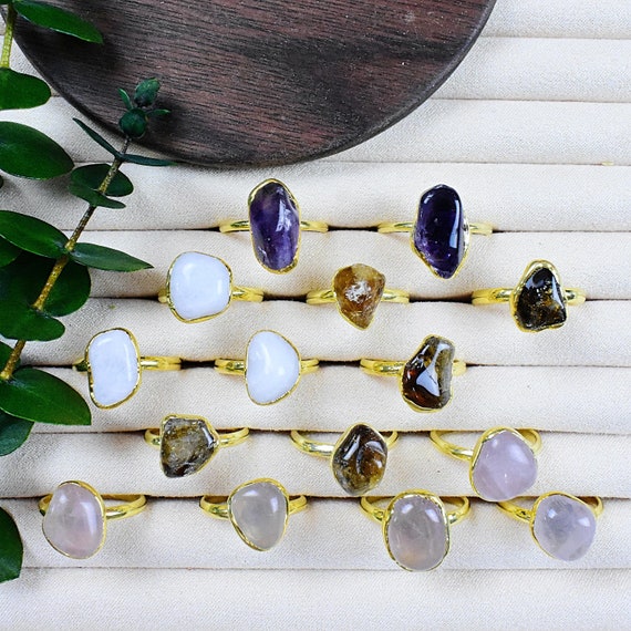 Gold Gemstone Nugget Ring, Gold Statement Ring, Amethyst Quart Citrine Dolomite Gemstone Ring (EPJ-RAB10)