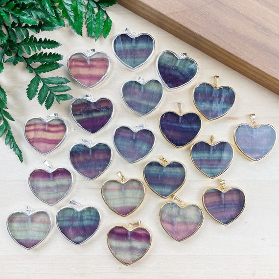 Fluorite Heart Necklace, Gold Silver Gemstone Stone Charm Necklace, Layering Simple Necklace (EPJ-NAWA26)