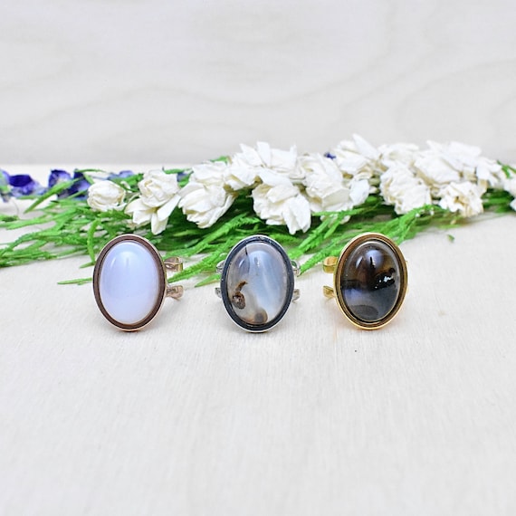 Montana Agate Oval Cabochon Stainless Steel Ring, Gold Silver Rose Gold Statement Gold Ring, Adjustable Gemstone Ring (EPJ-RZ20BBB10)