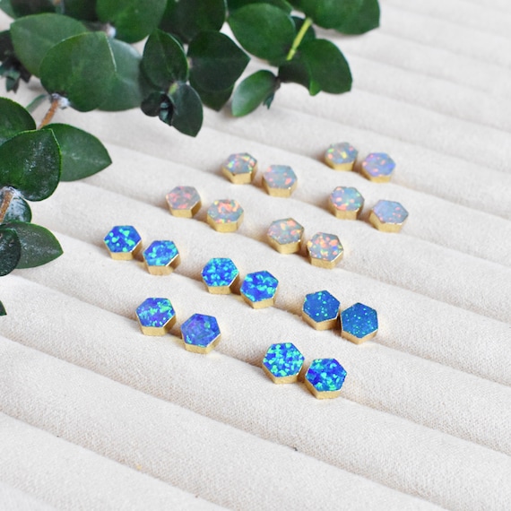 Hexagon Fire Opal Stud Earrings, Gold Gemstone Earrings, Statement Delicate Studs (EPJ-ESAA10)