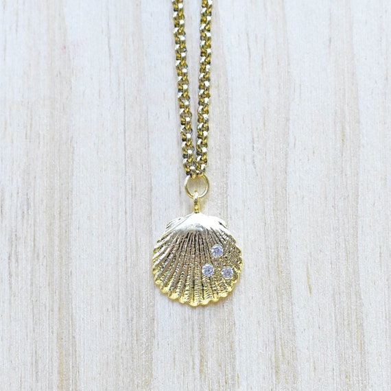 Gold Clam Shell Charm Necklace: Crystal CZ Layering Necklace