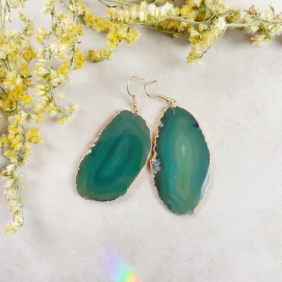 Gold Green Agate Slice Dangle Earrings (EPJ-EL20AAA10-4)