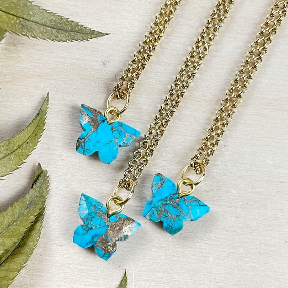 Gold Copper Turquoise Faceted Butterfly Charm Necklace (EPJ-N24A28-TQ)