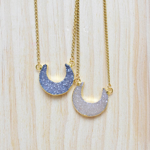 Crescent Druzy Necklace, Gold Gemstone Layering Pendant Necklace (EPJ-N19SAA12)