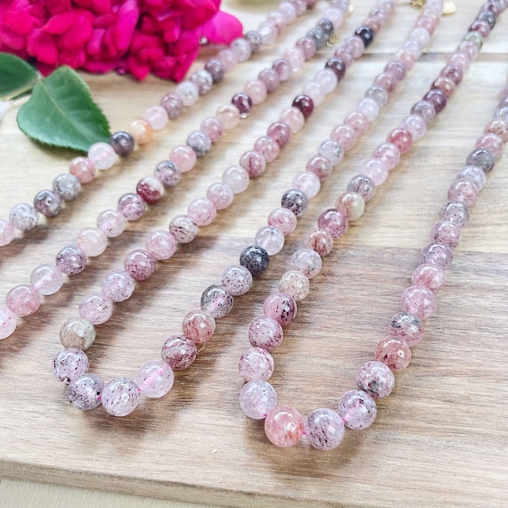 Pink Strawberry Quartz 8mm Beaded Necklace (EPJ-NSBB31)